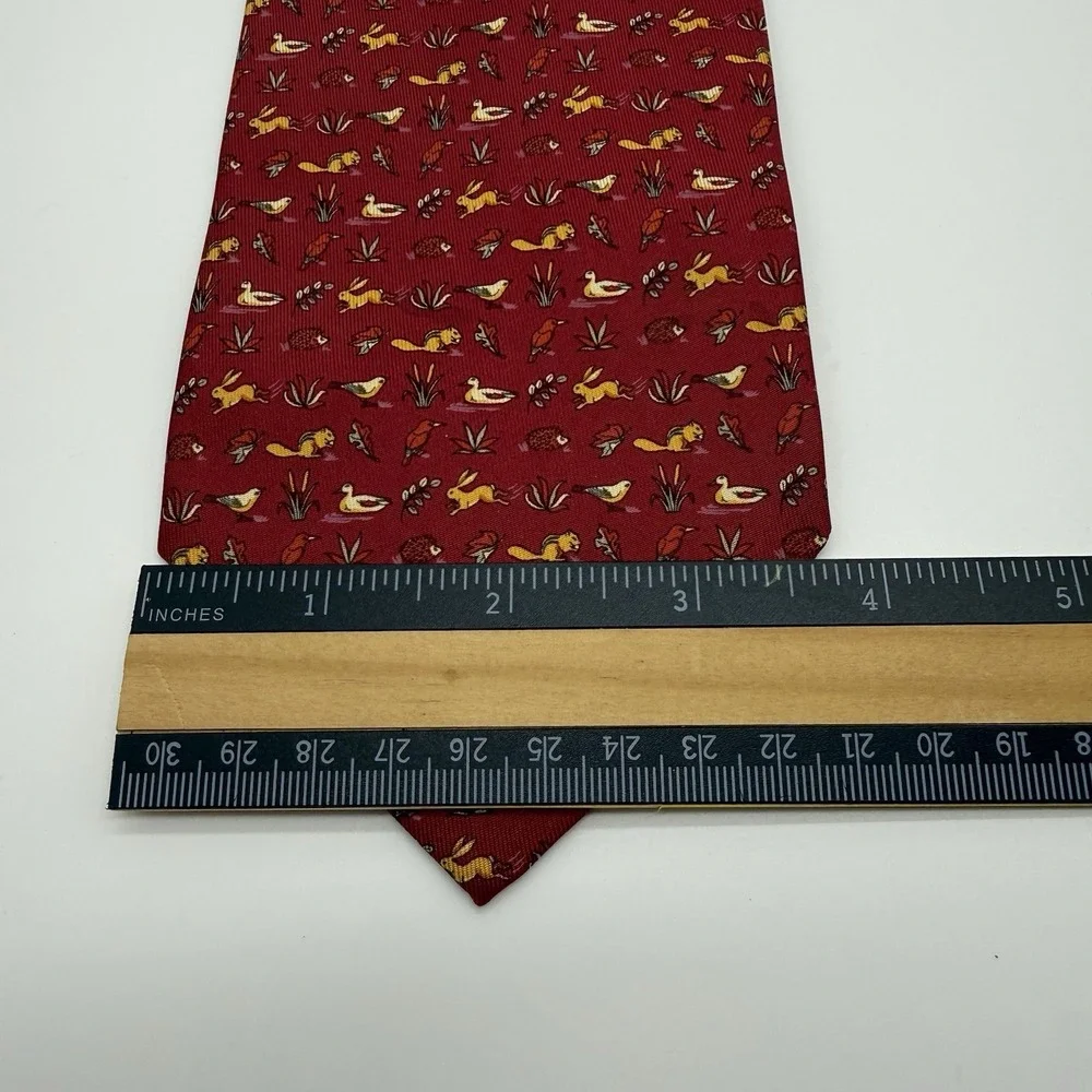 Salvatore Ferragamo‎ Silk Tie Italy Red Yellow Rabbit Bird Leaf Chipmunk Nature